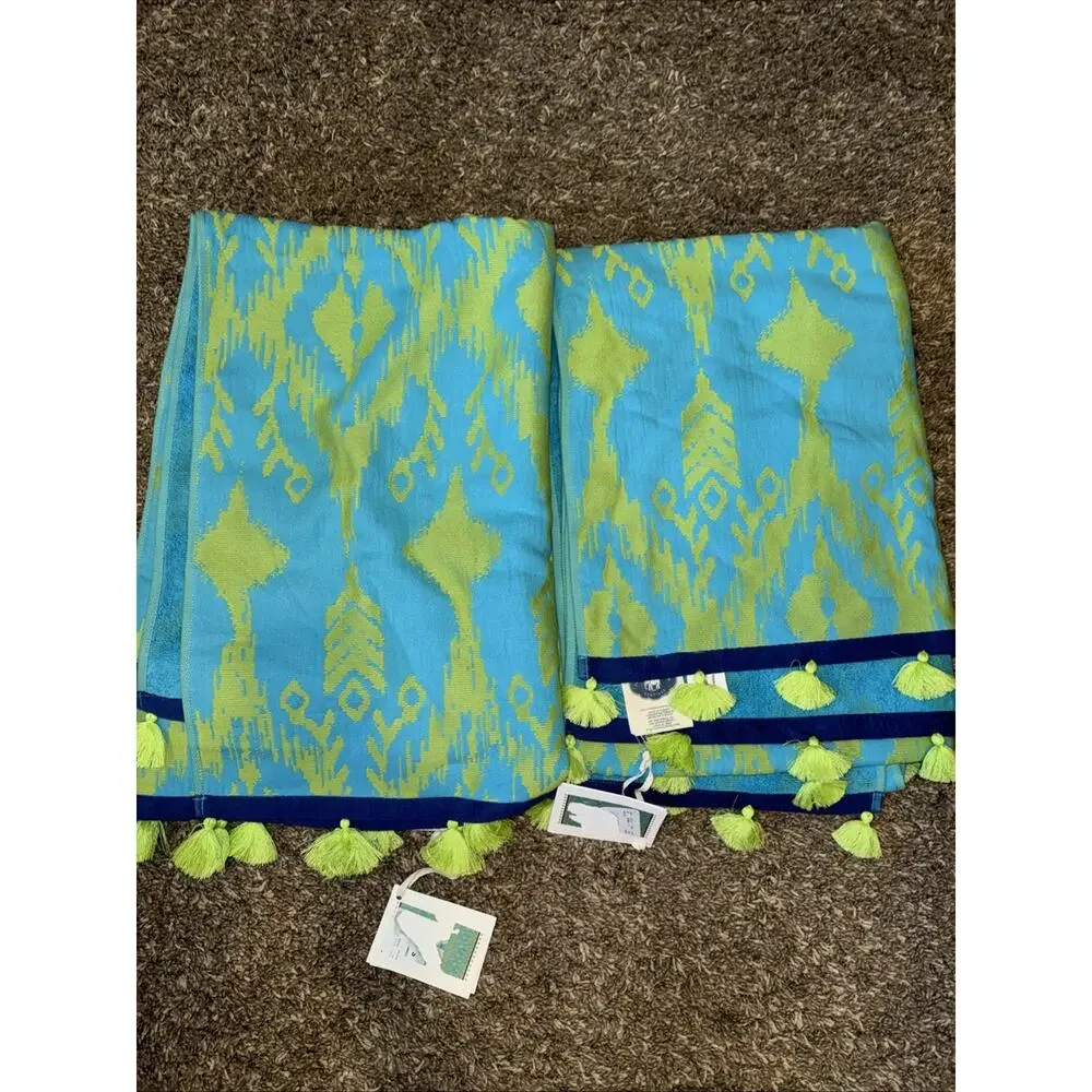 2 NEW John Robshaw Ravi Peacock Beach Towels Tassels 40